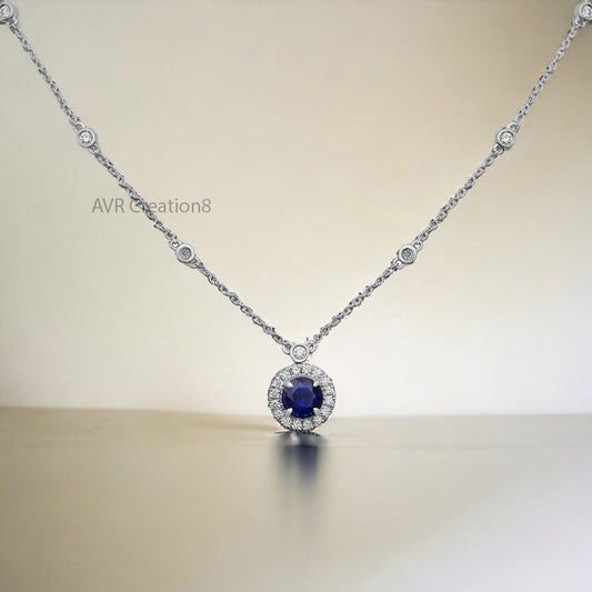 Sapphire & Diamond Halo Necklace | Sterling Silver/White Gold September Birthstone Pendant | Elegant Gift for Her Sparkling Necklace For Her