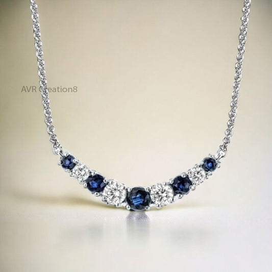 Dainty Sapphire & Diamond Arc Necklace | Sterling Silver/White Gold Blue and White Gemstone Necklace | Minimalist Everyday Jewelry