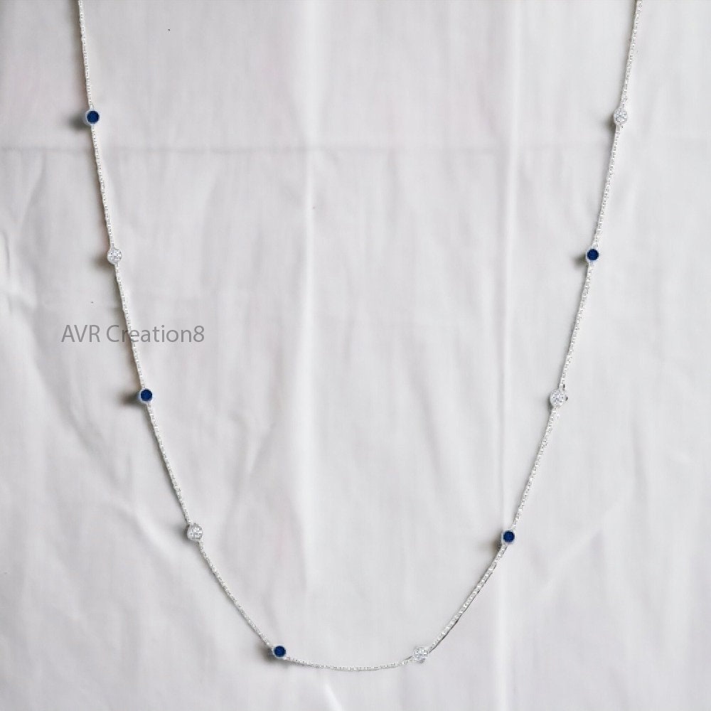 Dainty Sapphire & Diamond Station Necklace | Sterling Silver/White Gold Bezel Set Chain | Minimalist Everyday Necklace |