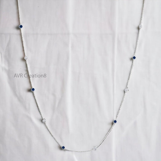 Dainty Sapphire & Diamond Station Necklace | Sterling Silver/White Gold Bezel Set Chain | Minimalist Everyday Necklace |