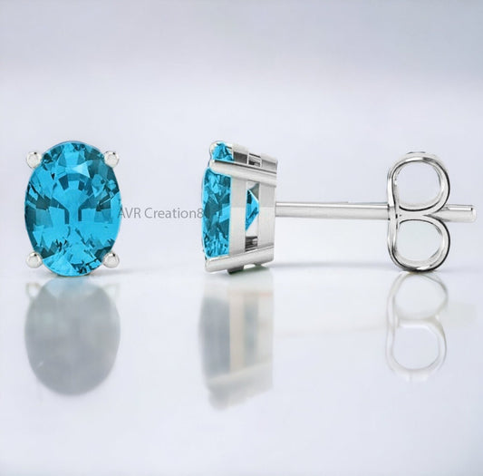 Dainty Blue Topaz/Aqua Chalcedony Stud Earrings | Sterling Silver Oval Gemstone Solitaire Studs | Minimalist Everyday Earrings