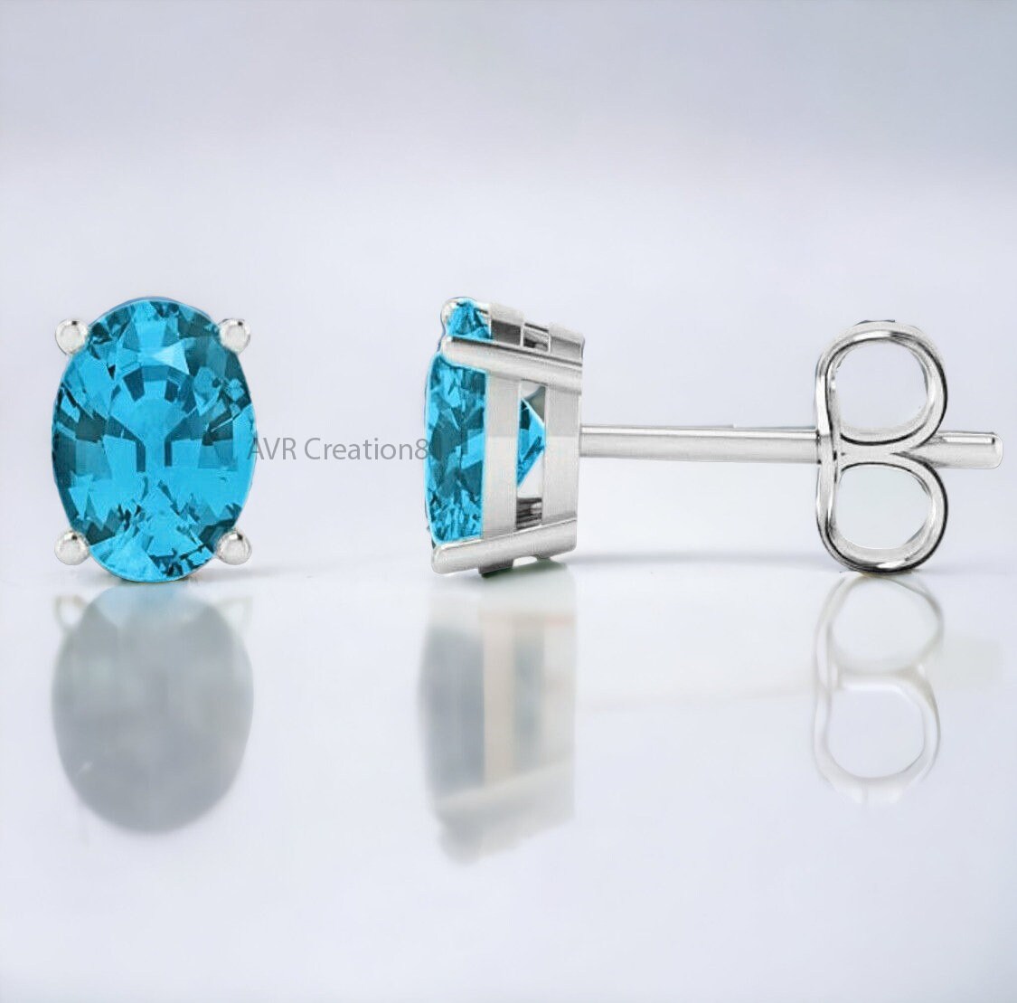 Dainty Blue Topaz/Aqua Chalcedony Stud Earrings | Sterling Silver Oval Gemstone Solitaire Studs | Minimalist Everyday Earrings