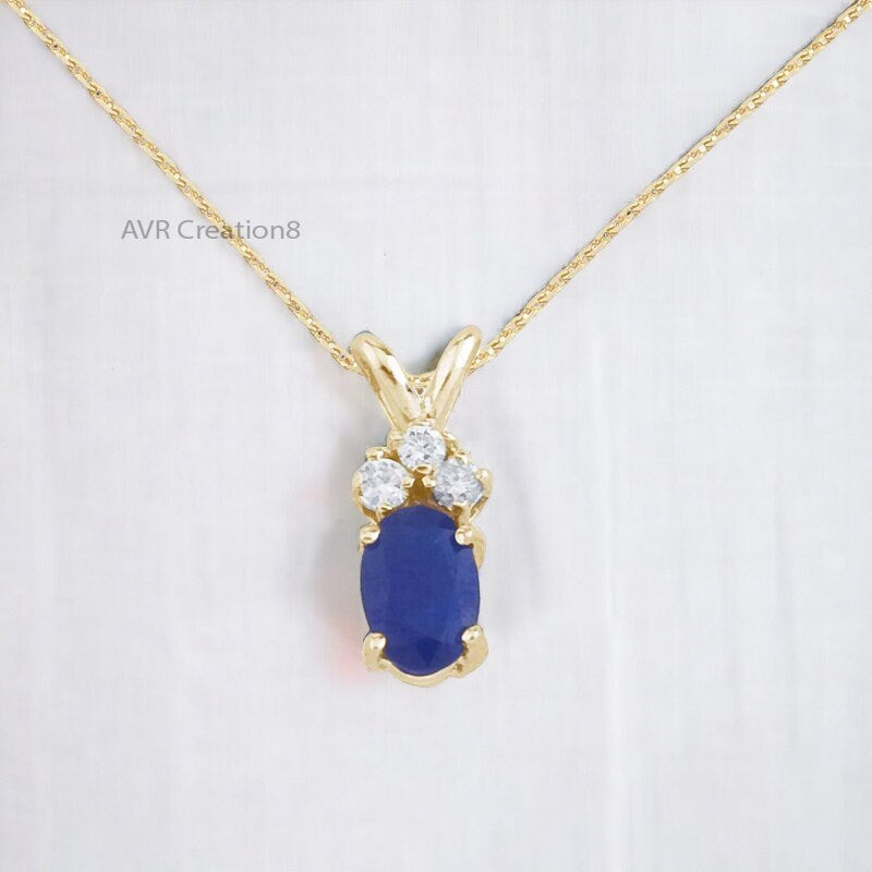 Oval Cut Blue Sapphire & Diamond Gemstone Necklace Pendant,925 Sterling Silver, Birthstone Necklace, Mothers Day Gifts, Gifts For Her, Gift