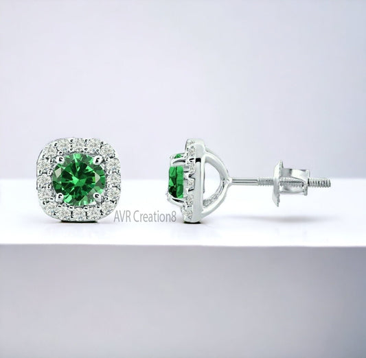 Halo Green Gemstone Stud Earrings, May Birthstone Earrings, Dainty Emerald Ring, Wedding Earrings, Pave Diamond Earrings, Bridesmaid Gift