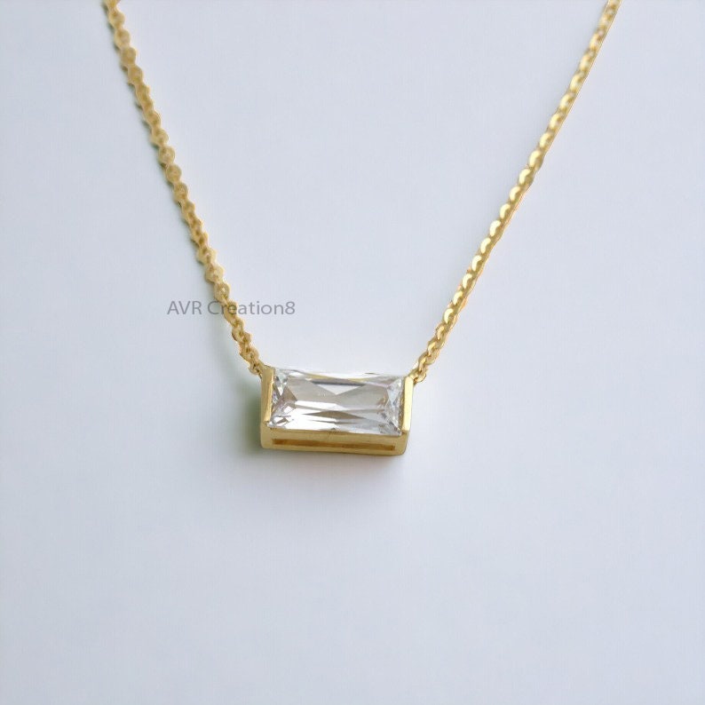 Dainty Gold Baguette Cut Necklace | Bezel Set Clear Gemstone Pendant | Minimalist Everyday Gold Chain | Anniversary Gift For Her