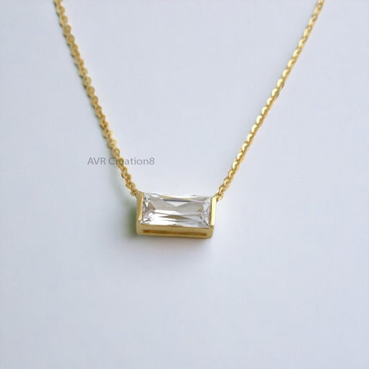 Dainty Gold Baguette Cut Necklace | Bezel Set Clear Gemstone Pendant | Minimalist Everyday Gold Chain | Anniversary Gift For Her