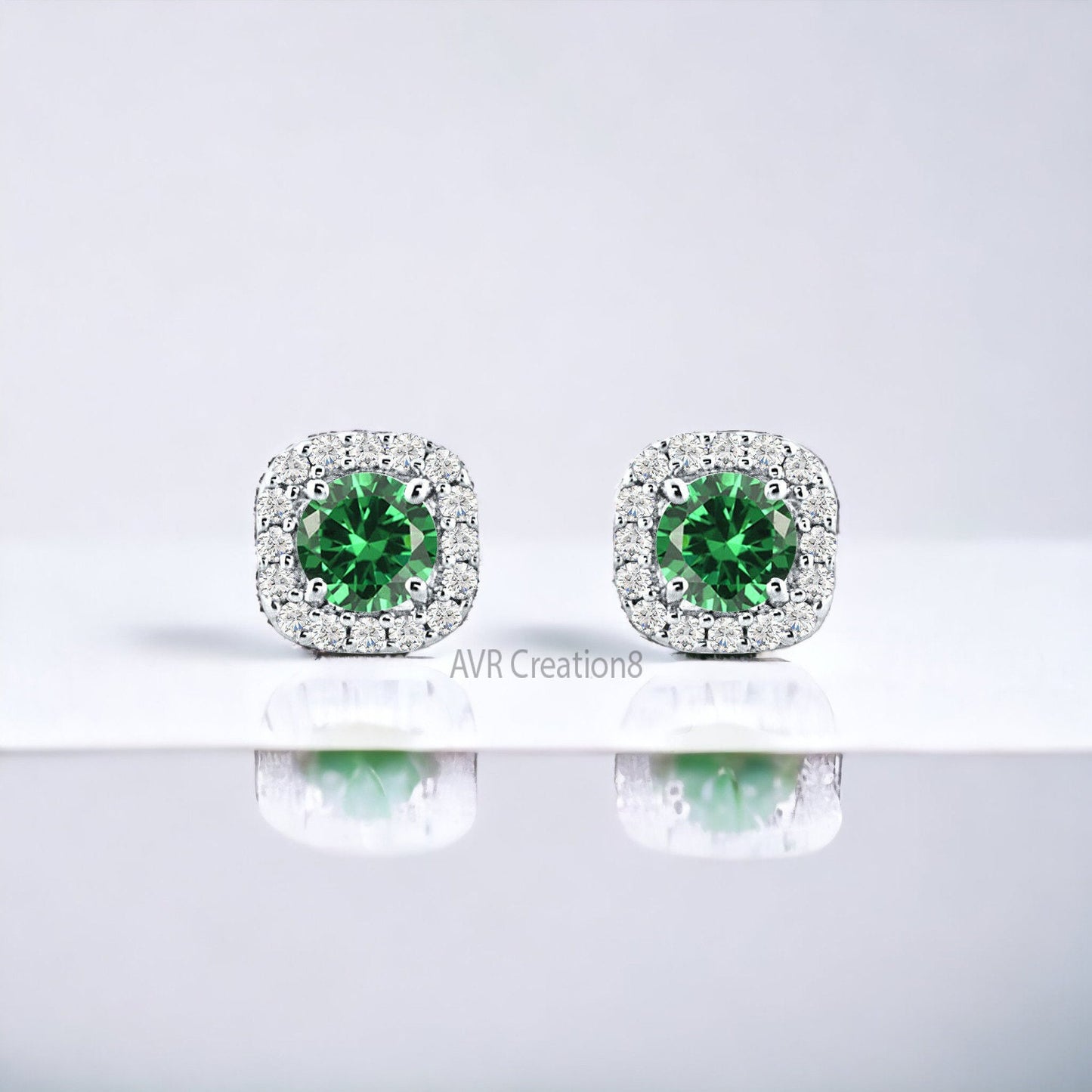 Halo Green Gemstone Stud Earrings, May Birthstone Earrings, Dainty Emerald Ring, Wedding Earrings, Pave Diamond Earrings, Bridesmaid Gift