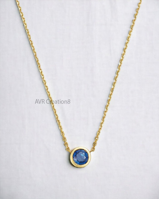 Bezel Set Sapphire Necklace, Dainty Necklace, 14k Yellow Gold Plated, September Birthstone Gift, Bezel Charm Necklace, Solitaire Necklace