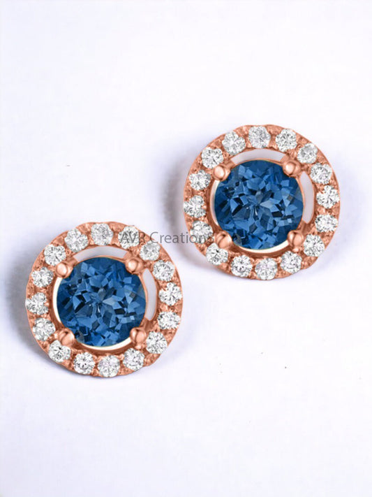 Round Blue Sapphire Stud Earrings, Diamond Halo Rose Gold Studs, Dainty Gemstone Jewelry,  Anniversary Gift, Elegant Halo Stud Earrings Gift