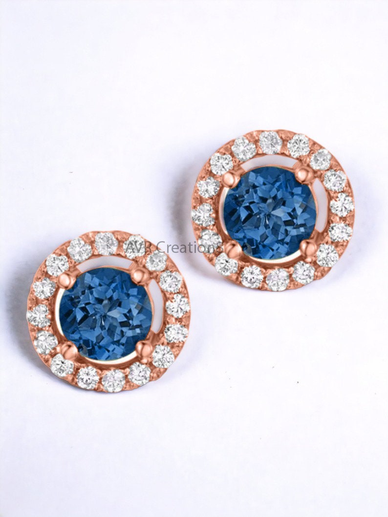Round Blue Sapphire Stud Earrings, Diamond Halo Rose Gold Studs, Dainty Gemstone Jewelry,  Anniversary Gift, Elegant Halo Stud Earrings Gift