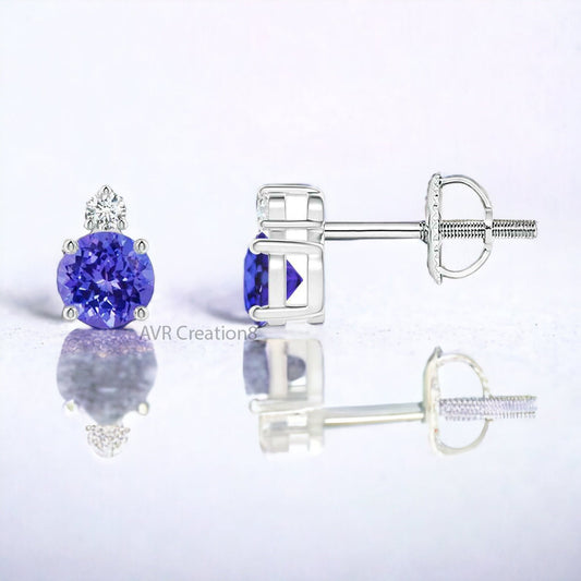 Tanzanite Stud Earrings, Dainty Purple Gemstone Jewelry, December Birthstone, Tanzanite Earrings, Unique Earrings, Tanzanite & Diamond Studs