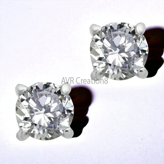 Diamond Solitaire Stud Earrings, Dainty Diamond Earrings, 925 Sterling Silver, 14K White Gold Plated, Daily Use Earrings, Valentine's Gifts