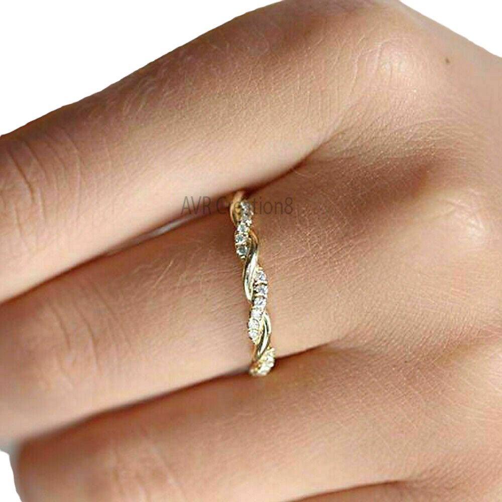 Twisted Wedding Band, Diamond Eternity Ring, Braided Stacking Ring, Delicate Anniversary Ring, Love Knot Band, Gift For Her,  Unique Band