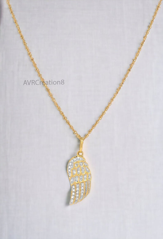 Angle Wing Pave Set Diamond Pendant Necklace, Good Luck Pendant, 925 Sterling Silver, 14K Yellow Gold Plated, Mothers Day Gifts For Mom