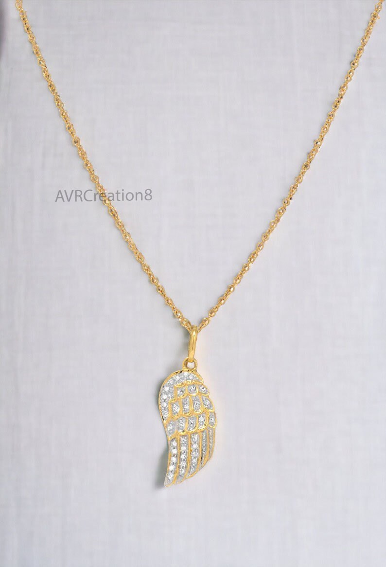 Angle Wing Pave Set Diamond Pendant Necklace, Good Luck Pendant, 925 Sterling Silver, 14K Yellow Gold Plated, Mothers Day Gifts For Mom