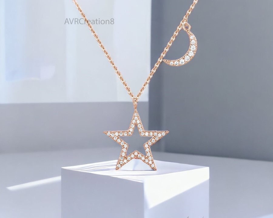 Crescent Moon & Star Diamond Pendant Necklace, 14K Rose Gold Plated, Beautiful Necklace, 925 Sterling Silver, Gifts For Girlfriend