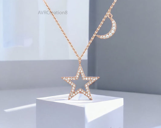 Crescent Moon & Star Diamond Pendant Necklace, 14K Rose Gold Plated, Beautiful Necklace, 925 Sterling Silver, Gifts For Girlfriend