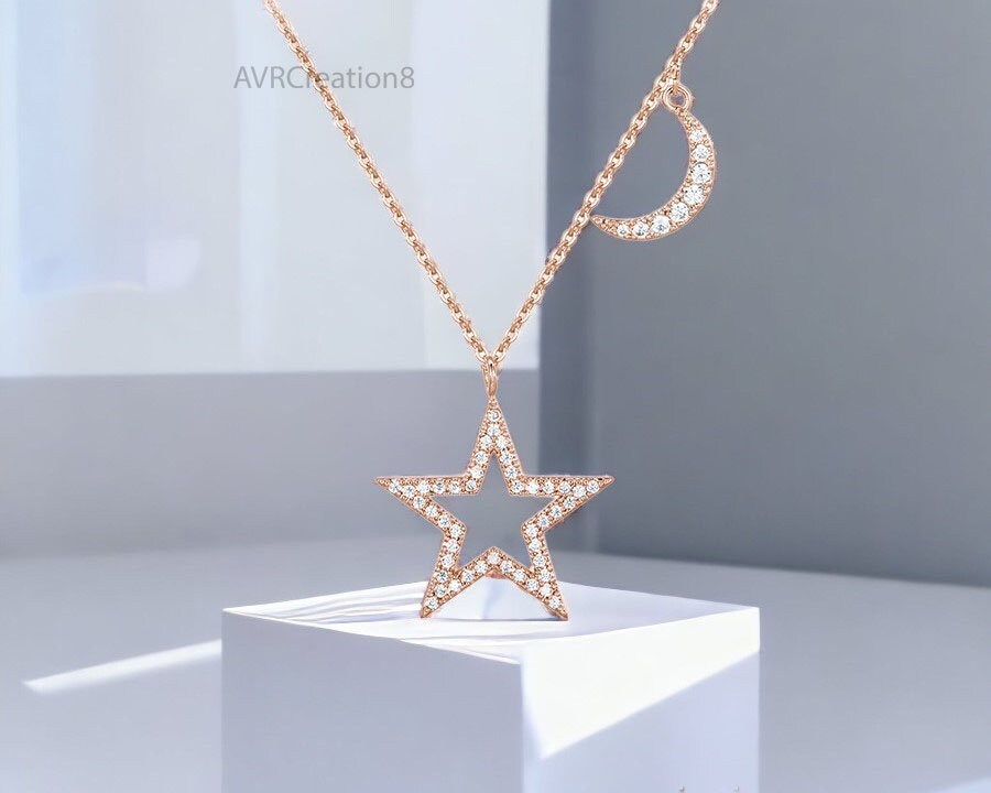 Crescent Moon & Star Diamond Pendant Necklace, 14K Rose Gold Plated, Beautiful Necklace, 925 Sterling Silver, Gifts For Girlfriend