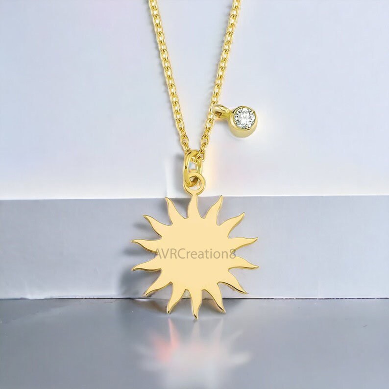 Sun Shape Charm Single Stone Pendant Necklace, 14k Yellow Gold Plated, Daily Wear Pendant, Personalized Gifts, Mothers Day Gifts For Mom
