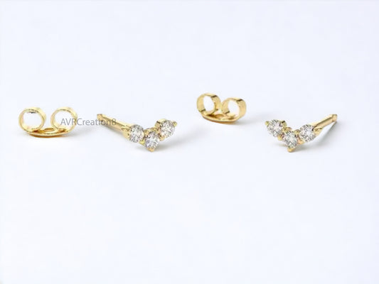 Tiny Diamond Stud Earrings, Diamond Earrings, Three Stone Earrings, 925 Sterling Silver, 14K Yellow Gold Plated, Valentine's Gifts For Her