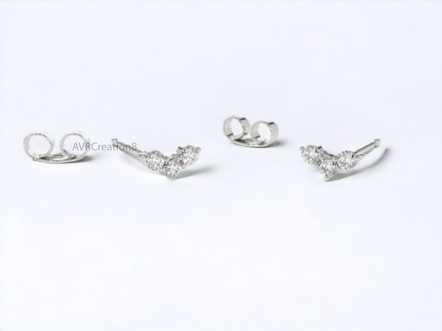 Tiny Diamond Stud Earrings, Diamond Earrings, Three Stone Earrings, 925 Sterling Silver, 14K Yellow Gold Plated, Valentine's Gifts For Her