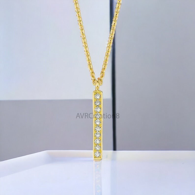 Bezel Set Vertical Minimalist Diamond Bar Necklace Pendant, 14K Yellow Gold Plated, 925 Sterling Silver, Birthday Gifts, Gifts For Her