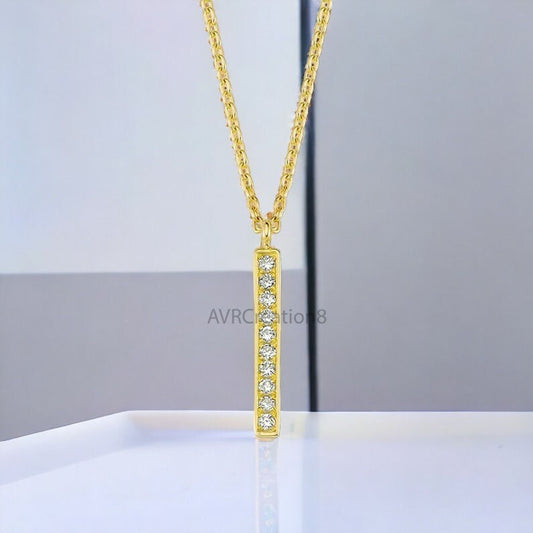 Bezel Set Vertical Minimalist Diamond Bar Necklace Pendant, 14K Yellow Gold Plated, 925 Sterling Silver, Birthday Gifts, Gifts For Her