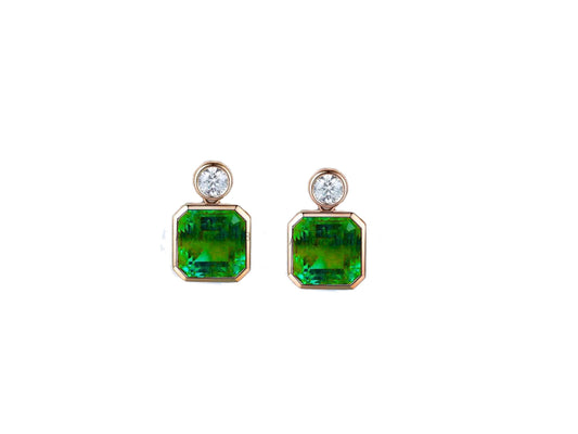 Emerald Cut Green Tourmaline/Emerald Stud Earrings | Rose Gold & Diamond/CZ Bezel Set Drop Earrings | May Birthstone Gift | Fine Jewelry