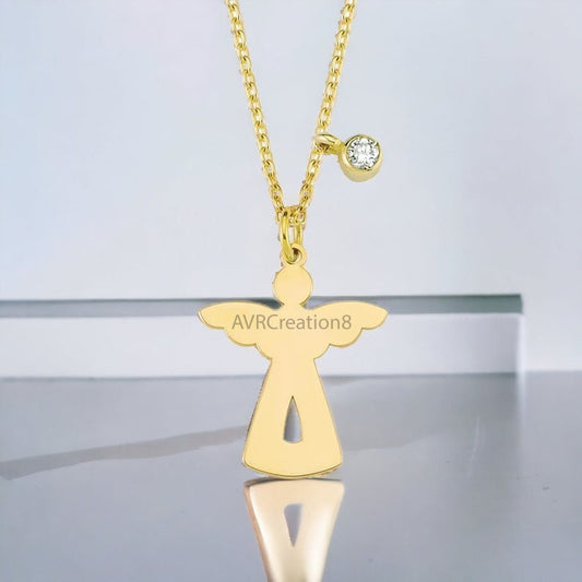 Women's Angel Charm Lucky Dainty Necklace For Anniversary Wedding Gift 925 Sterling Silver 14K Yellow Gold Plated