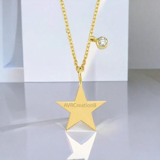 Minimalist Diamond Star Pendant Necklace For Women, 14k Yellow Gold Plated, Daily Wear Pendant, 925 Sterling Silver, Birthday Gifts For Her