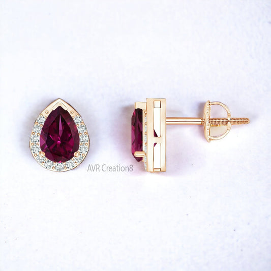 Screw Back Amethyst Stud Earrings, 925 Sterling Silver, Gemstone Earrings, Pear Cut Halo Diamond Earrings, Mothers Day Gifts, Gemstone Studs