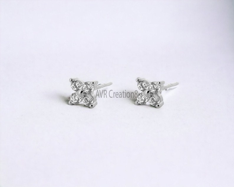 Diamond Stud Earrings, Flower Stud Earrings, 925 Sterling Silver, Daily Use Earrings, 14K White Gold Plated, Valentine's Gifts, Gift For Her