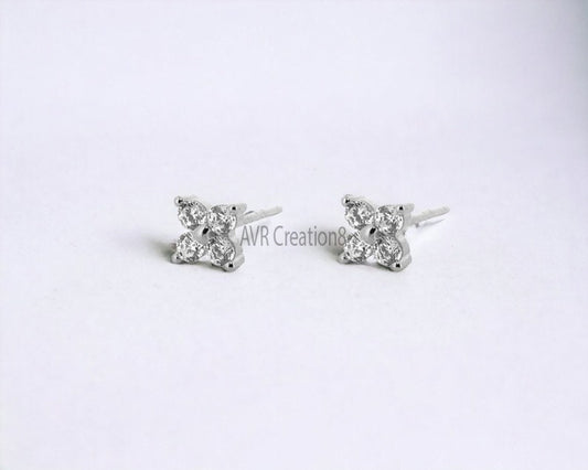 Diamond Stud Earrings, Flower Stud Earrings, 925 Sterling Silver, Daily Use Earrings, 14K White Gold Plated, Valentine's Gifts, Gift For Her