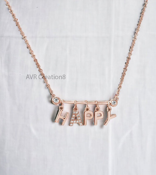 Charm Pendant, Personalized Initial Letter Diamond HAPPY Words Pendant Necklace, 14k Rose Gold Plated, Women's Gifts, Handmade Pendant