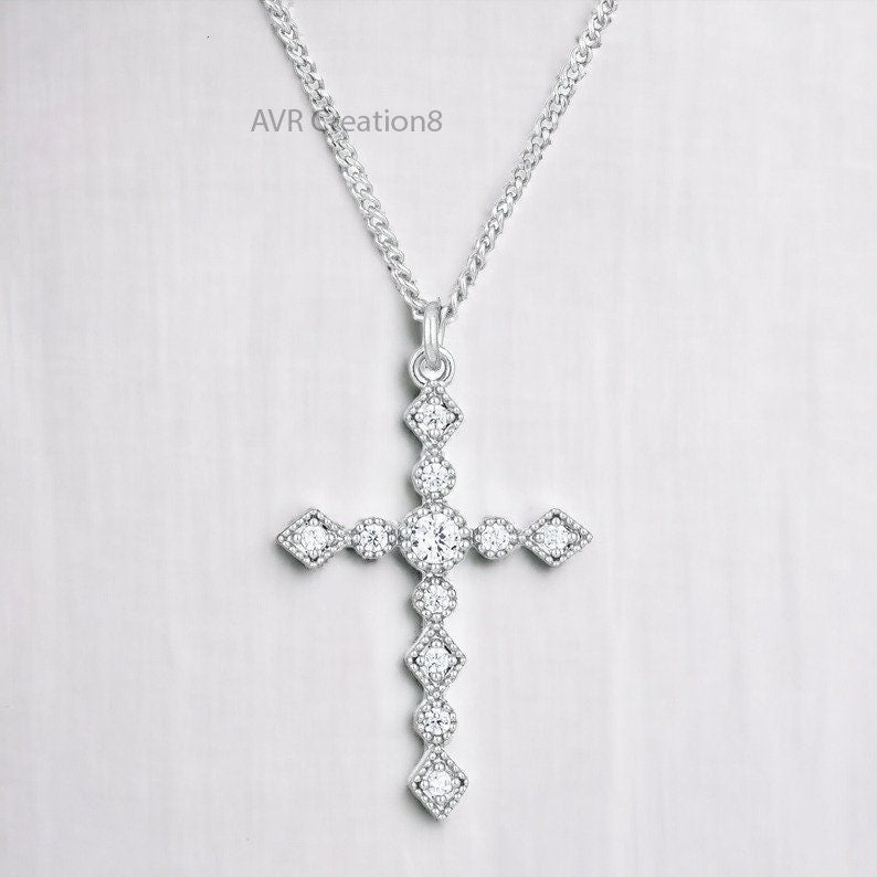 Sparkling Cross Necklace | Diamond Simulant Cross Pendant | Sterling Silver Cross | Religious Jewelry | Dainty Necklace | Gift for Her/Him