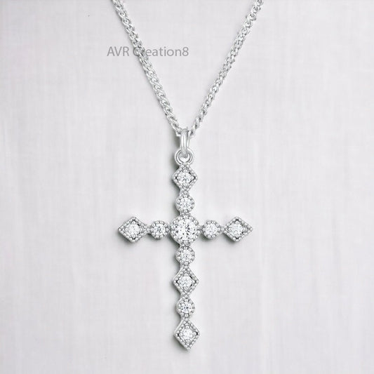 Sparkling Cross Necklace | Diamond Simulant Cross Pendant | Sterling Silver Cross | Religious Jewelry | Dainty Necklace | Gift for Her/Him