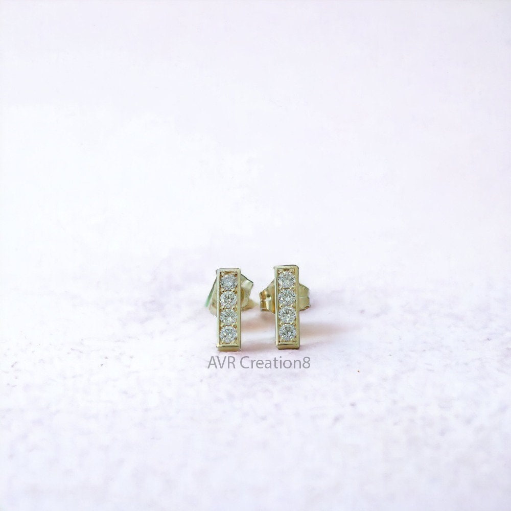 Four Stone Stud Earrings, Diamond Bar Line Stud Earrings, Dainty Earrings, Silver Diamond Earrings, Valentine's Gifts For Her, Bar Studs