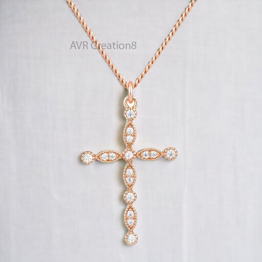 Round Dainty Diamond Cross Pendant Necklace, Religious Necklace, 14K Rose Gold Plated, 925 Sterling Silver, Handmade Pendant, Gifts For Her