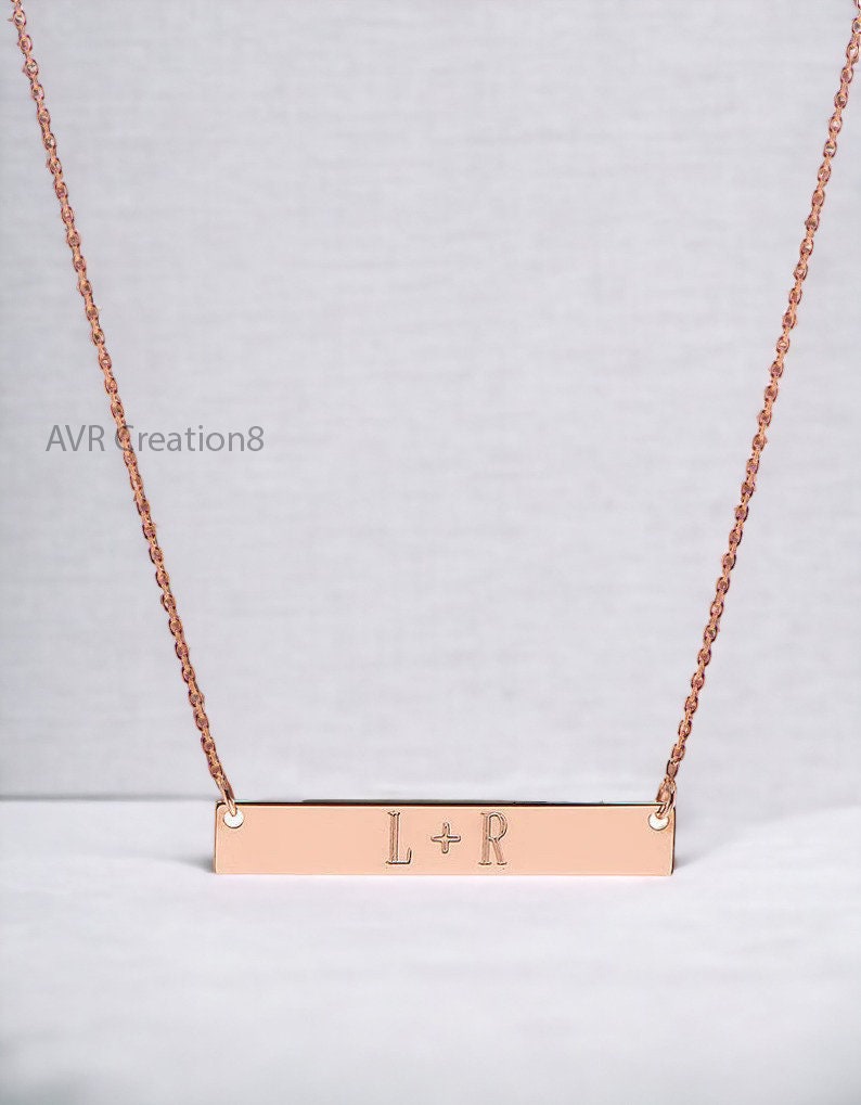 Personalized Rose Gold Bar Necklace | Custom Initial Necklace | Engraved Horizontal Bar Pendant | Dainty Nameplate Necklace | Couples Gift