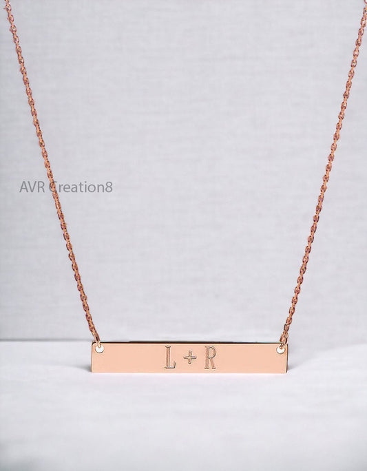 Personalized Rose Gold Bar Necklace | Custom Initial Necklace | Engraved Horizontal Bar Pendant | Dainty Nameplate Necklace | Couples Gift