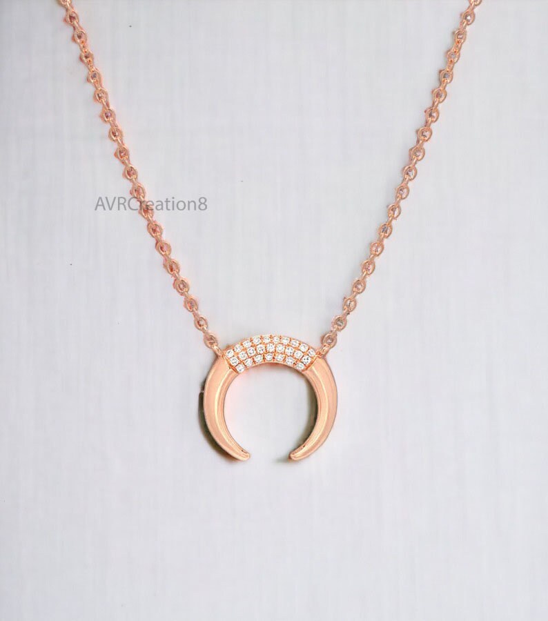 Crescent Moon Diamond Dainty Pendant Necklace For Her, Moon Necklace Pendant, 14K Rose Gold Plated, 925 Sterling Silver, Celestial Pendant