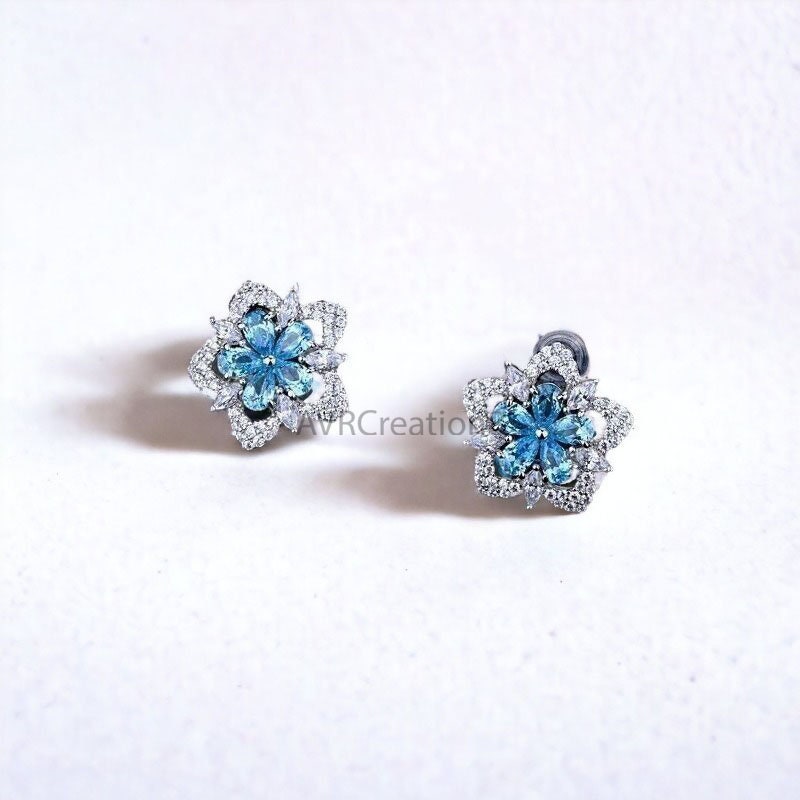 Blue Topaz Stud Earrings, Birthstone Earrings, Flower Design Stud Earrings, 925 Sterling Silver, Mothers Day Gifts, Valentine's Gifts