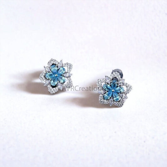 Blue Topaz Stud Earrings, Birthstone Earrings, Flower Design Stud Earrings, 925 Sterling Silver, Mothers Day Gifts, Valentine's Gifts