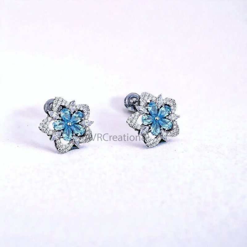 Blue Topaz Stud Earrings, Birthstone Earrings, Flower Design Stud Earrings, 925 Sterling Silver, Mothers Day Gifts, Valentine's Gifts