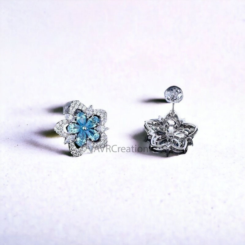 Blue Topaz Stud Earrings, Birthstone Earrings, Flower Design Stud Earrings, 925 Sterling Silver, Mothers Day Gifts, Valentine's Gifts