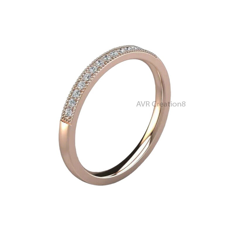 Moissanite Miligrain Half Eternity Diamond Band, Round Diamond Wedding Band, Diamond Ring for Women, 925 Sterling Silver Band Ring for Mom