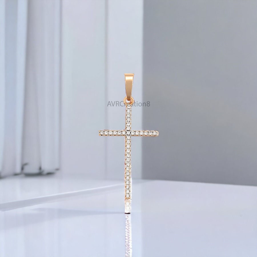Dainty Diamond Cross Pendant Necklace For Women, Minimalist Handmade Pendant, 14K Rose Gold Plated, 925 Sterling Silver, Mothers Day Sale