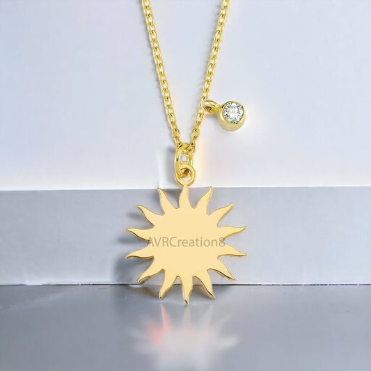 Sun Shape Charm Single Stone Pendant Necklace, 14k Yellow Gold Plated, Daily Wear Pendant, Personalized Gifts, Mothers Day Gifts For Mom