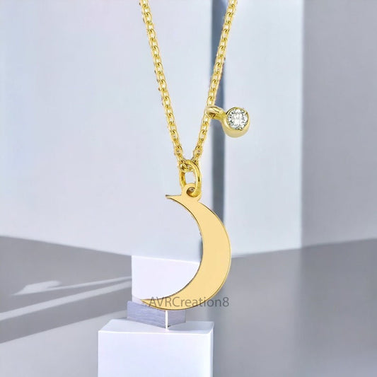 Crescent Moon Shape Single Stone Dainty Diamond Pendant Necklace, 14k Yellow Gold Plated, Daily Wear Women's Pendant, Mothers Day Sale