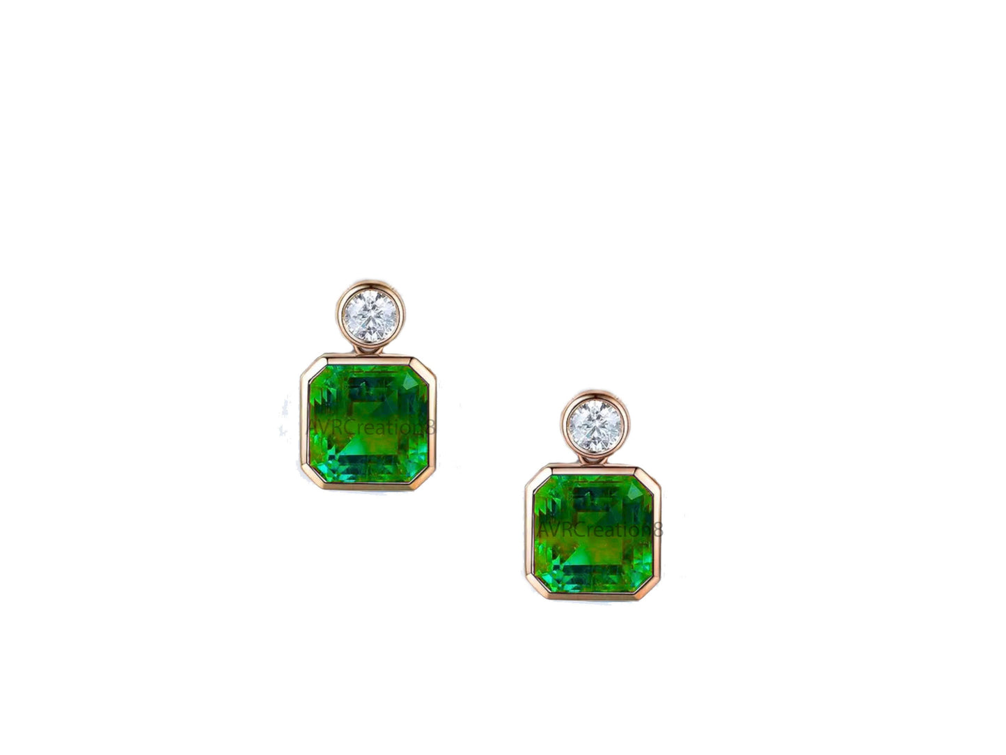 Emerald Cut Green Tourmaline/Emerald Stud Earrings | Rose Gold & Diamond/CZ Bezel Set Drop Earrings | May Birthstone Gift | Fine Jewelry